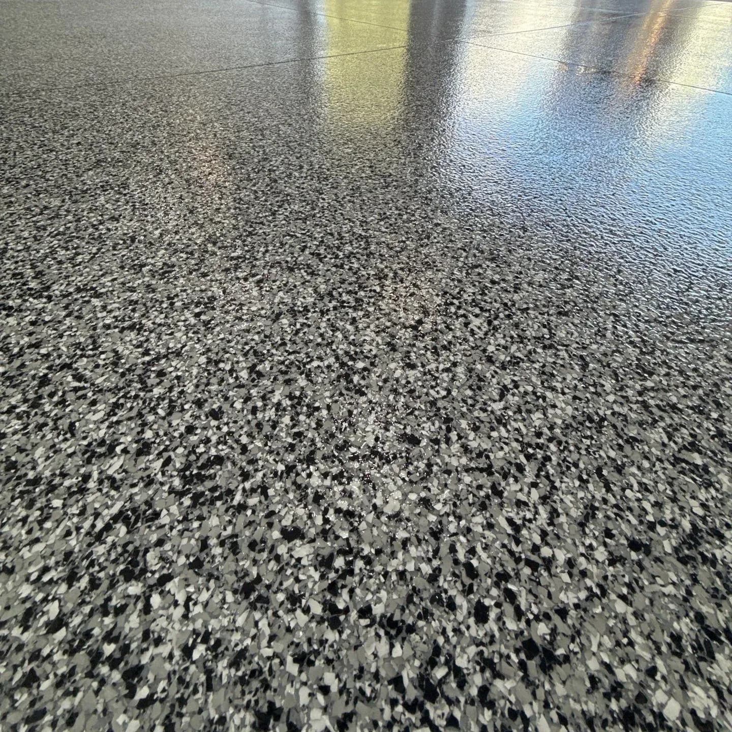 Black, white, and gray flecked flake concrete coating flooring.