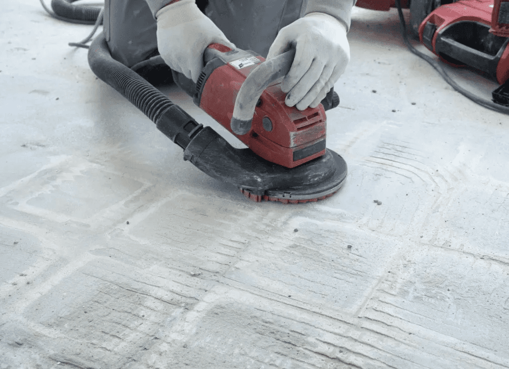 A worker uses a grinder to grind down concrete flooring.